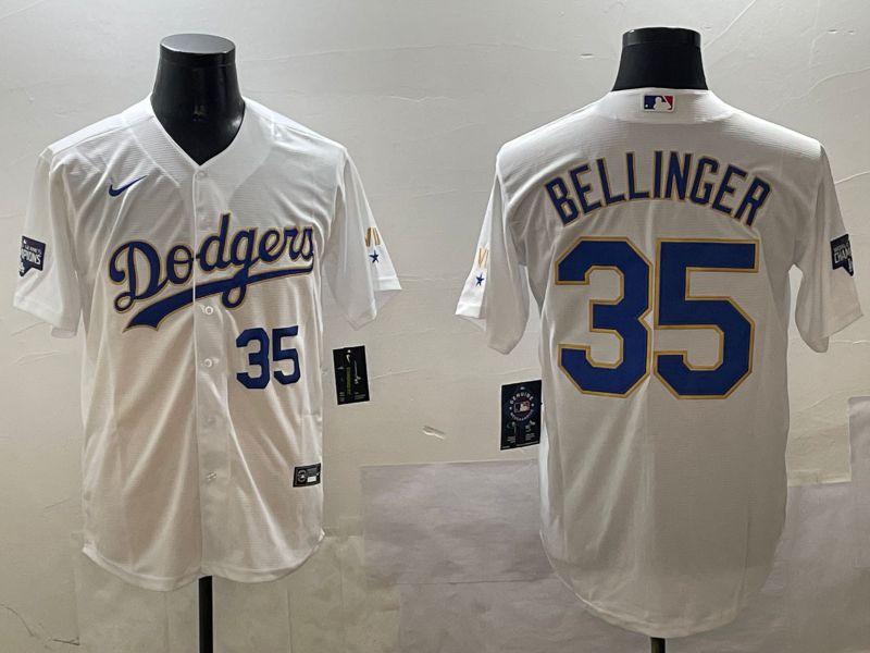 Men Los Angeles Dodgers #35 Bellinger White Gold Game 2025 Nike MLB Jersey style 10